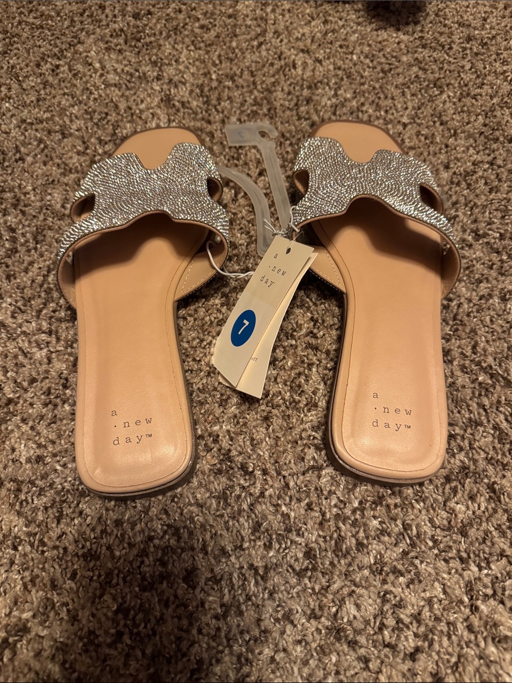 a new day NWT Tan Slide Sandals with Silver Textured Strap